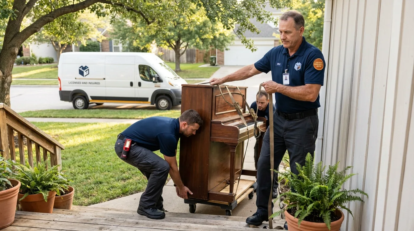 Licensed piano movers securing grand piano in East Aurora, NY