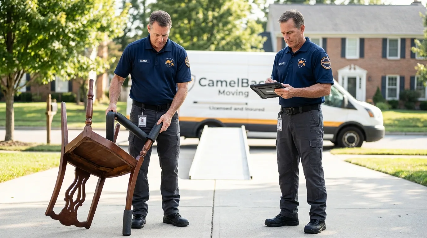 Movers inspecting furniture for damage prevention before loading in East Aurora, NY