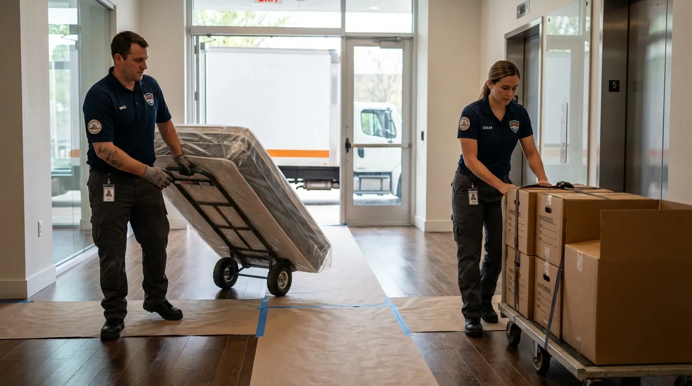Professional apartment movers loading elevator in East Aurora, NY