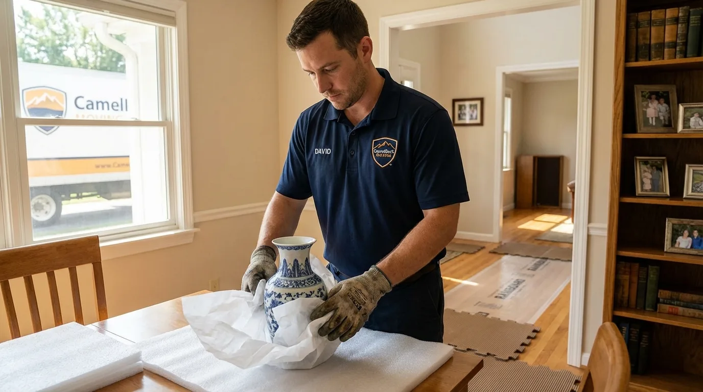 Professional crew carefully wrapping antique vase for senior downsizing move in East Aurora, NY