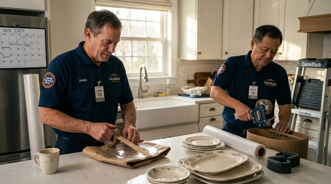 Professional crew packing kitchen dishware in East Aurora, NY